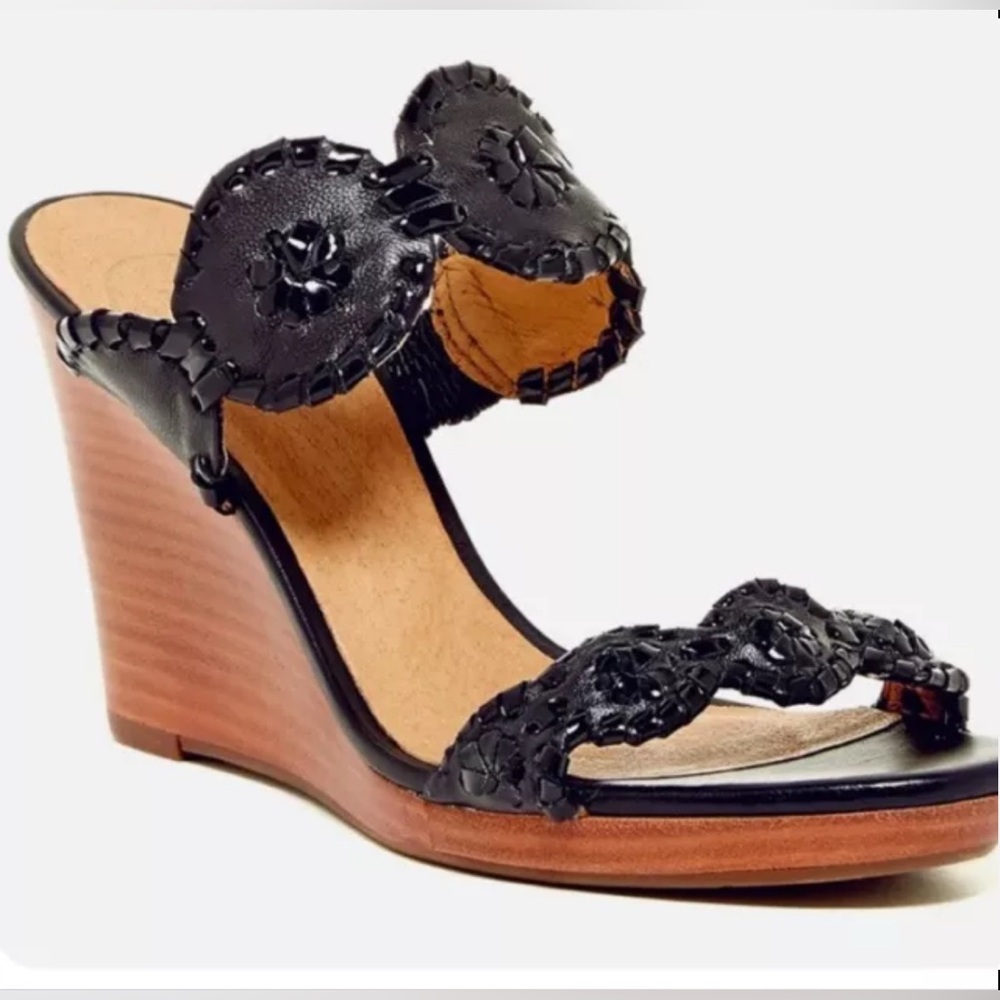 NEW $168 Jack Rogers Black Luccia Skinny Wedge Sandals Whipstich Medallion 7.5